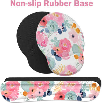 Ergonomic Mouse Pad with Wrist Rest and Keyboard Wrist Rest, Memory Foam Wrist Rest for Computer Keyboard, Easy Typing, Pain Relief, Mouse Pad Wrist Support for Gaming,Office, Laptop, Black Flower