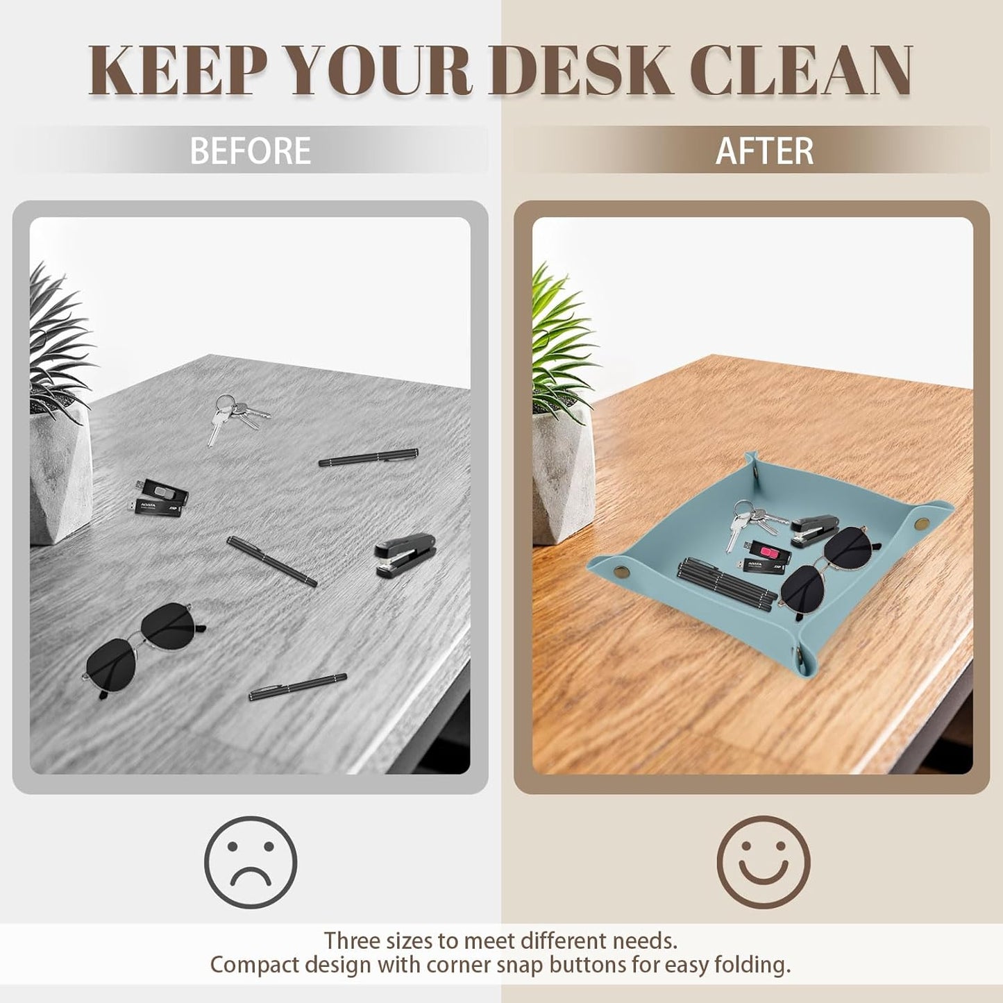 3 Pack Leather Valet Tray, 3 Sizes Catchall Tray Desk Organizer for Key Jewelry Trinket Watch Perfume Coin, for Entryway Table Nightstand Dresser Vanity Travel, Brown