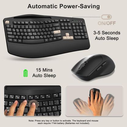 Wireless Keyboard and Mouse Combo, 2.4G Full Size Wave Keys Ergonomic Keyboard with Wrist Rest, Phone Holder, 3-Level DPI Wireless Silent Mouse with 6-Buttons, for Windows, Mac OS, Laptop, PC (Black)