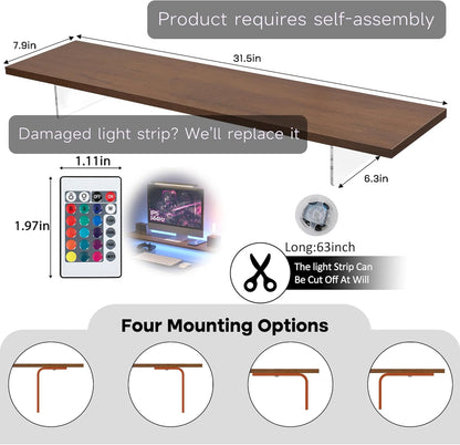 Monitor Stand Riser,Wood & Acrylic Computer Monitor Stand with LED Light,Desk Accessories Desktop Organizer Stand for Computer,Laptop,Printer,PC & TV Screen Riser