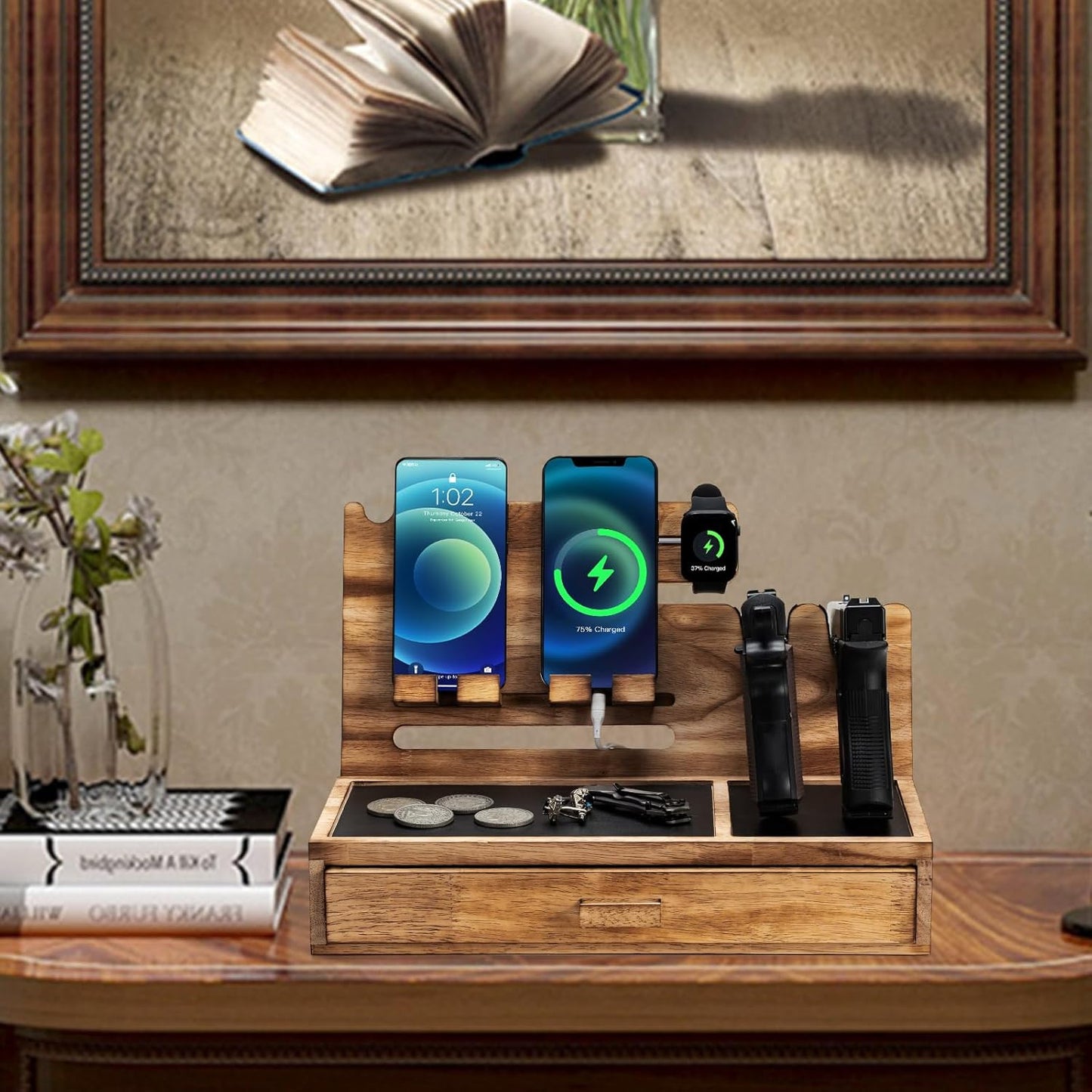 DGWJSU Phone Docking Station as Gifts for Men, Wood Pistol Rack As Nightstand Organizer for Gun Safe, Phone Charging Station as Gifts for Him Boyfriend Husband Father in Anniversary Birthday Christmas