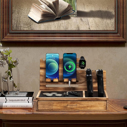 DGWJSU Phone Docking Station as Gifts for Men, Wood Pistol Rack As Nightstand Organizer for Gun Safe, Phone Charging Station as Gifts for Him Boyfriend Husband Father in Anniversary Birthday Christmas