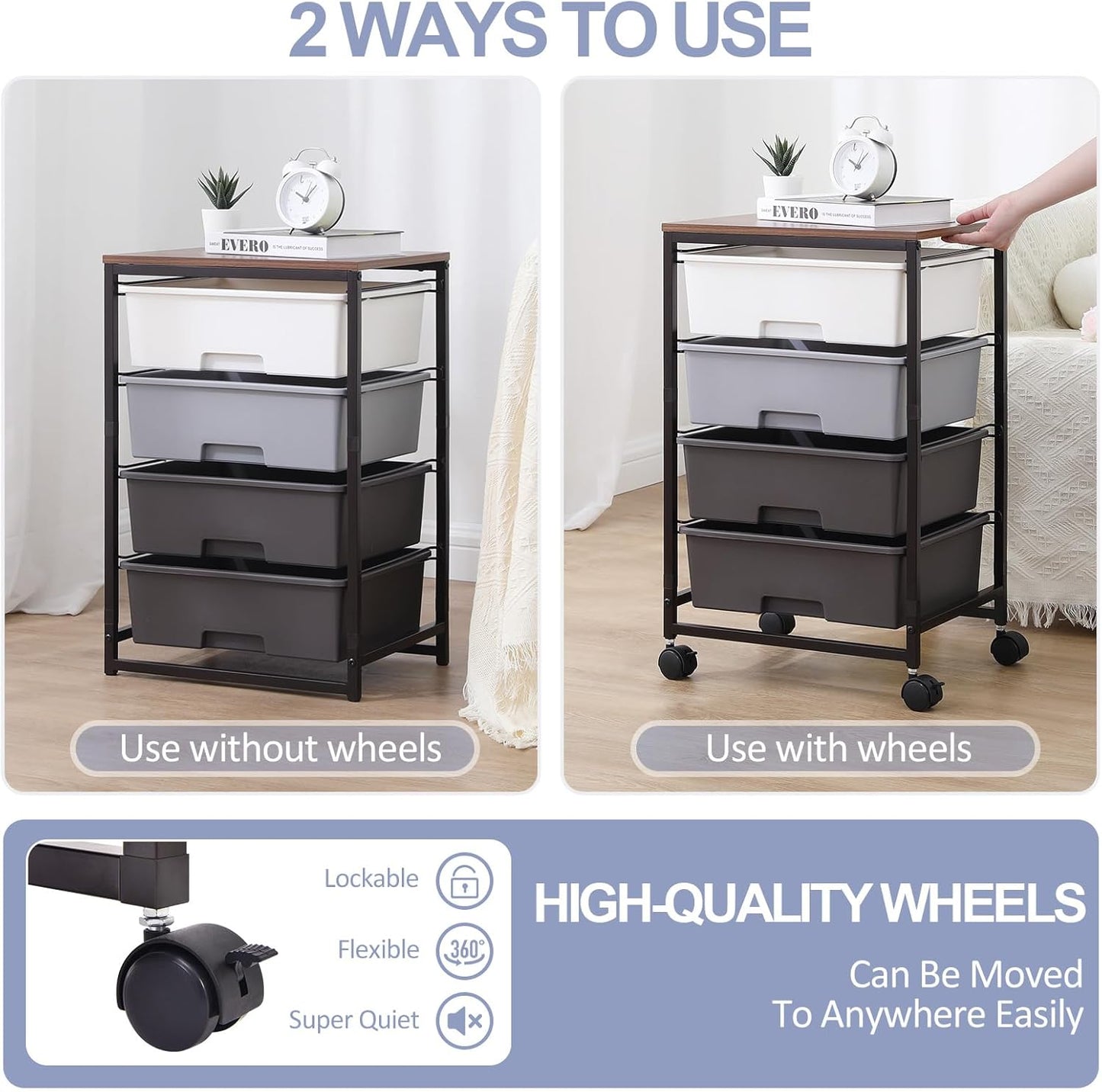 SYKIARIOL Utility Cart with 4 Drawers, Multipurpose Rolling Storage Cart with 4 Drawers and 2 Lockable Wheels, 4-Tier Rolling Storage Cart Organizer for Home Office Dorm, Bright White