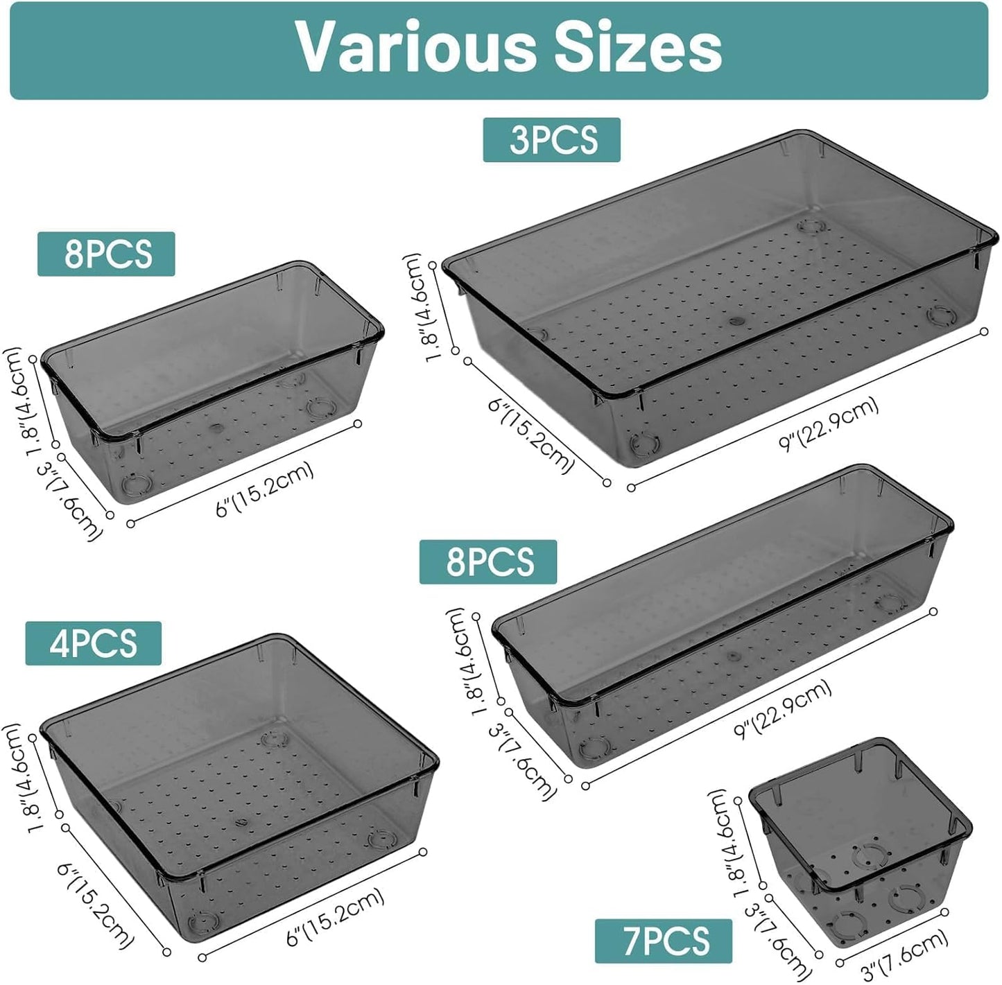 WOWBOX 30 PCS Clear Plastic Drawer Organizer Set, 5 Sizes Desk Drawer Divider Organizers and Storage Bins for Makeup, Jewelry, Gadgets for Kitchen, Bedroom, Bathroom, Office, Black