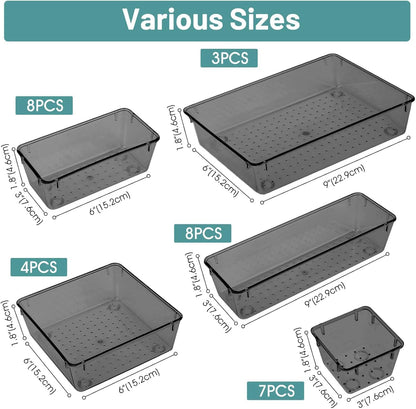 WOWBOX 30 PCS Clear Plastic Drawer Organizer Set, 5 Sizes Desk Drawer Divider Organizers and Storage Bins for Makeup, Jewelry, Gadgets for Kitchen, Bedroom, Bathroom, Office, Black