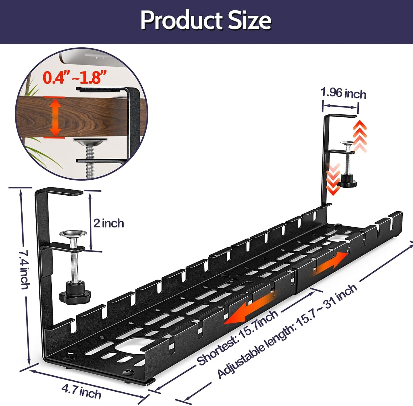 Shikha Cable Management Under Desk, 15.7"-31" Retractable Cable Management Tray, No Drilling Cord Organizer with Clamp for Desk, Under Table Wire Management Tray for Home Office -White