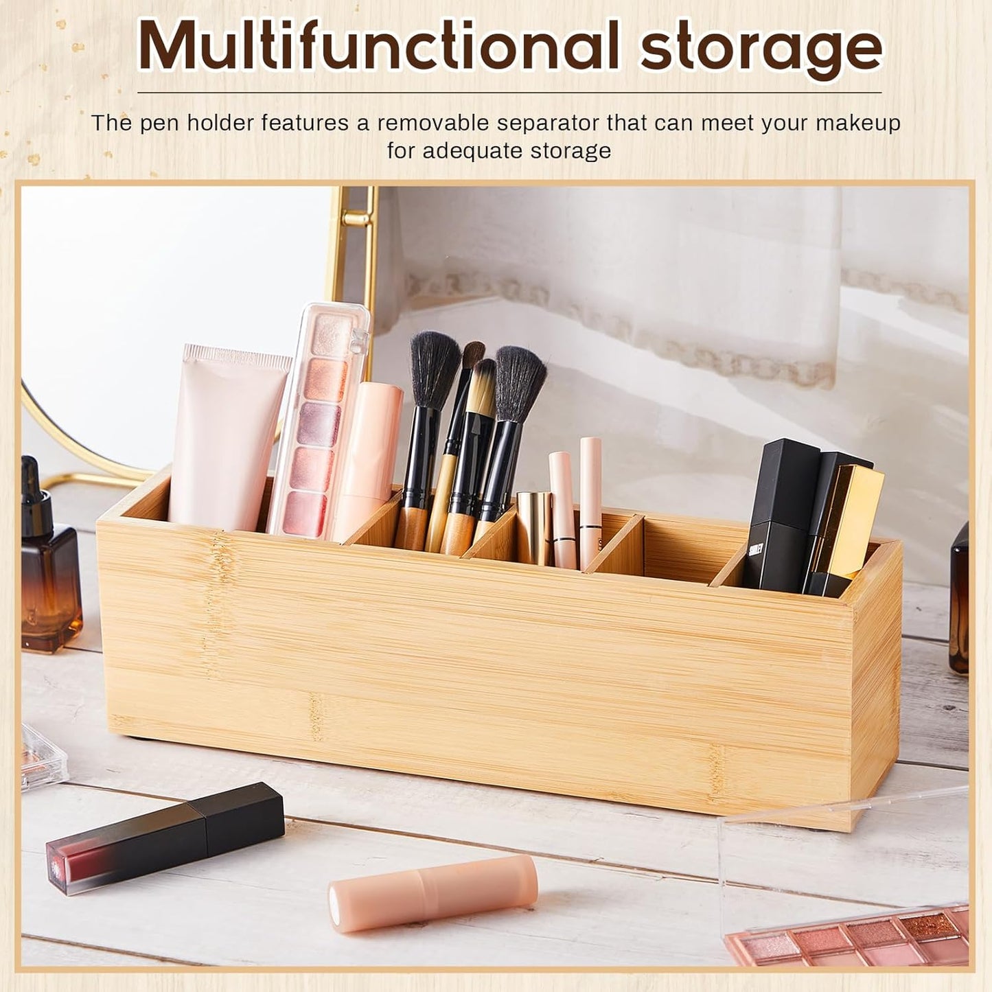 Jetec Wooden Pencil Holder 5 Compartments for Desk Adjustable Pen Holder Wood Office Desk Organizers and Accessories Makeup Brush Organizer for Pen, Home, Office and Art Supplies (White)