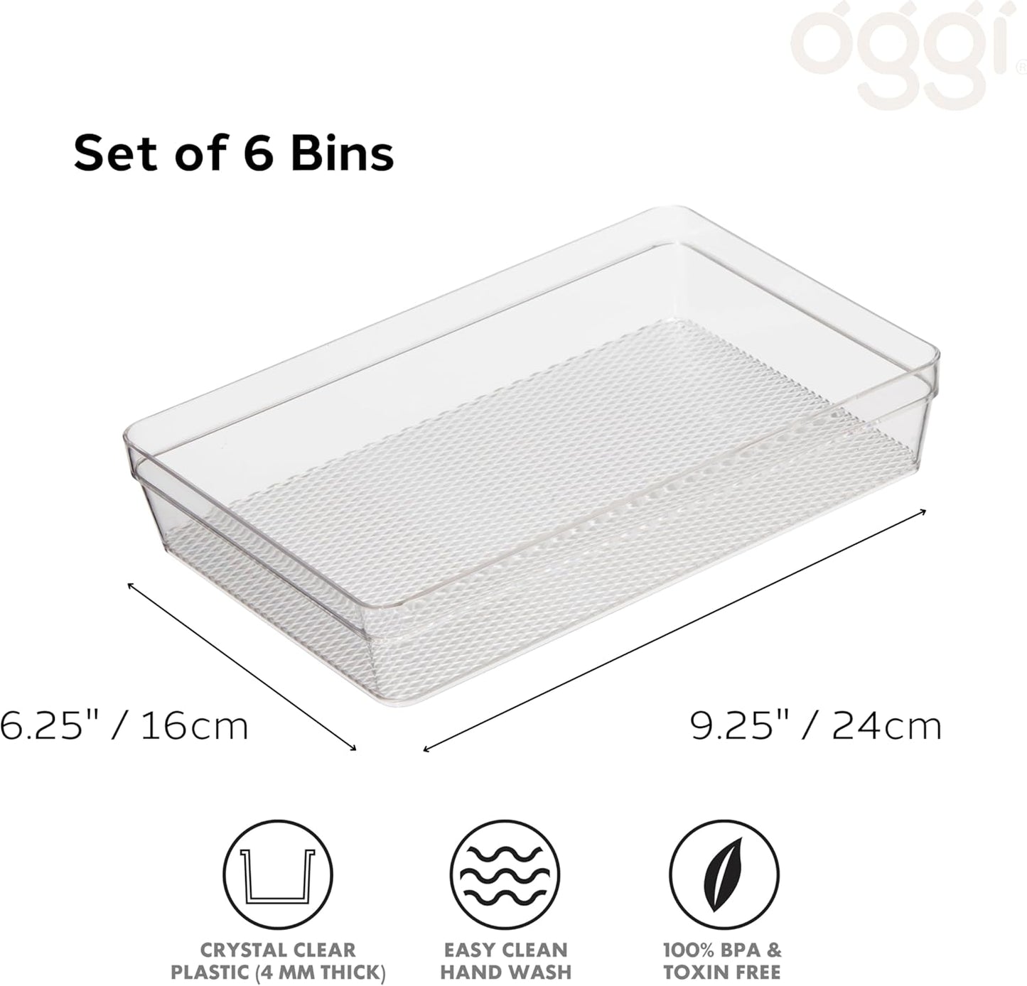 Oggi Clear Drawer Organizer - 3" X 9.5" (Set of 6) - Ideal for Organizing Kitchen Drawers, Office, Desk, Silverware, Kitchen Utensils, Cosmetics and Bathrooms