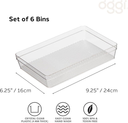 Oggi Clear Drawer Organizer - 3" X 9.5" (Set of 6) - Ideal for Organizing Kitchen Drawers, Office, Desk, Silverware, Kitchen Utensils, Cosmetics and Bathrooms