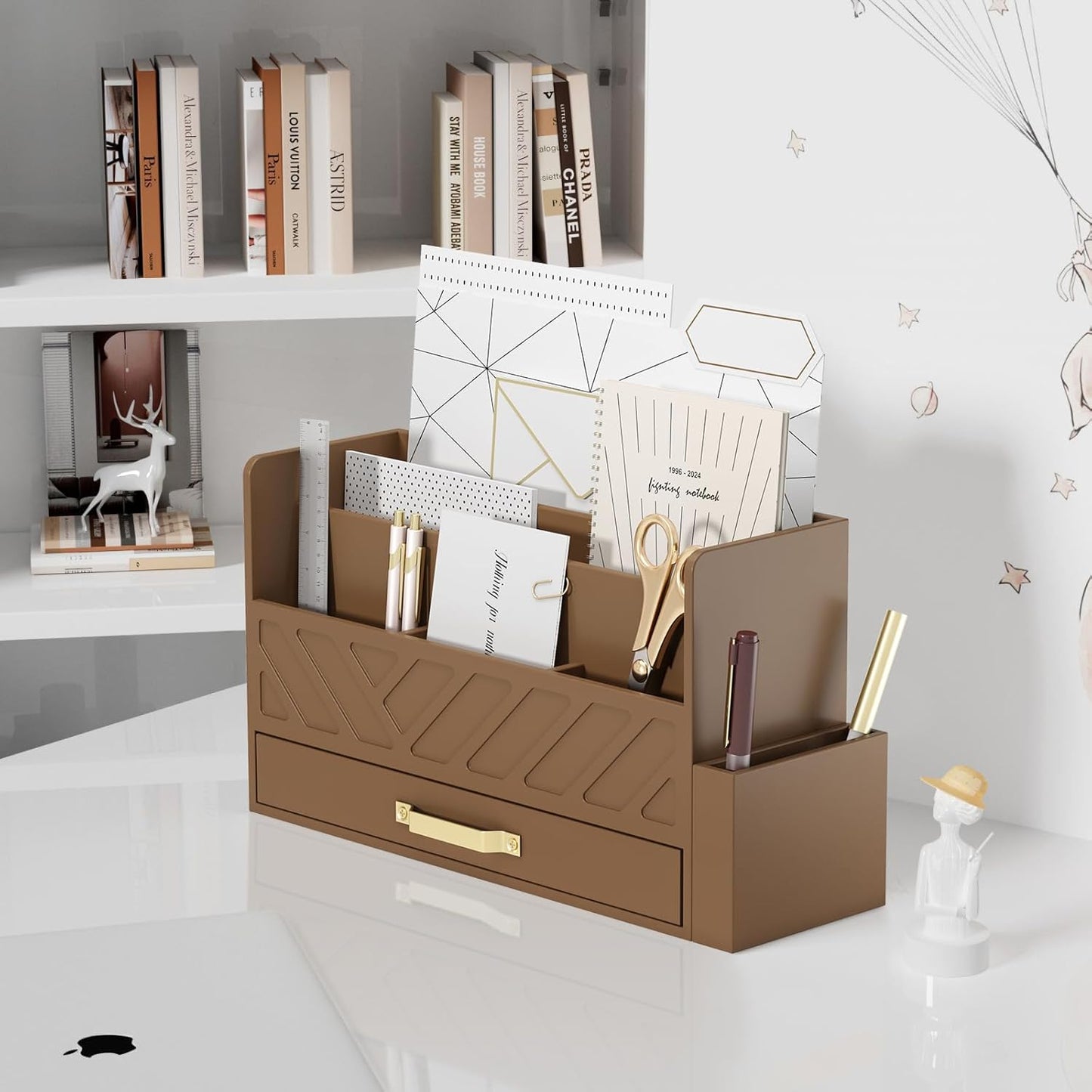 WISUCART Bamboo Desk Organizer Mail Holder Countertop Wood Desk Drawer Tabletop Storage Box Pen Holder Letter Sorter Makeup Organizer for School Home Office Supplies with Pen Holder White