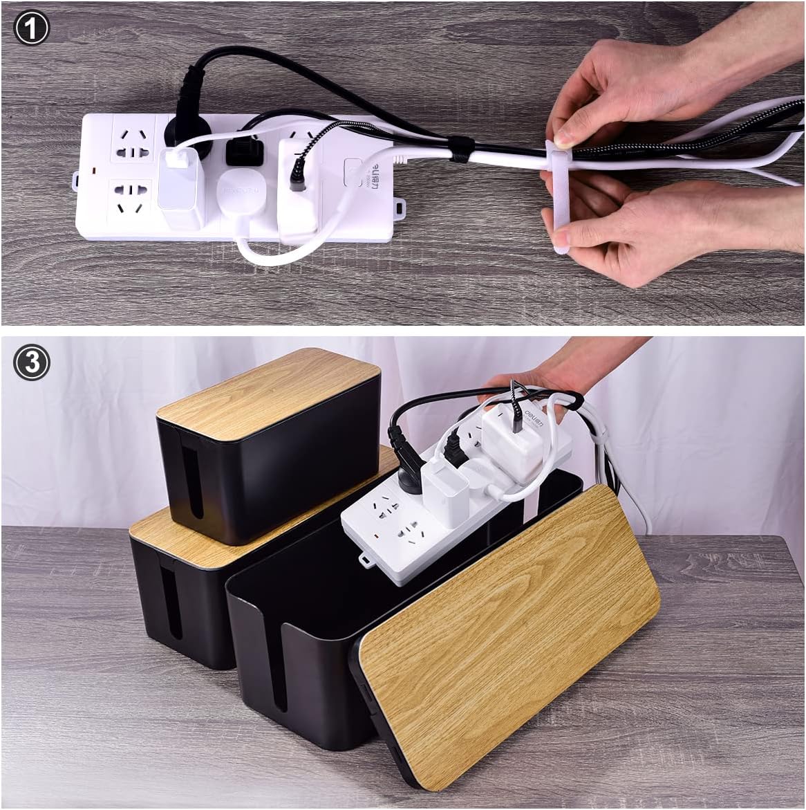 3 Pack Cable Management Box with 18 PCS Cable Management Set - Large & Medium & Small Cable Organizer Box to Hide Wires & Power Strips | TV Cord Organizer Box | for Home & Office, White