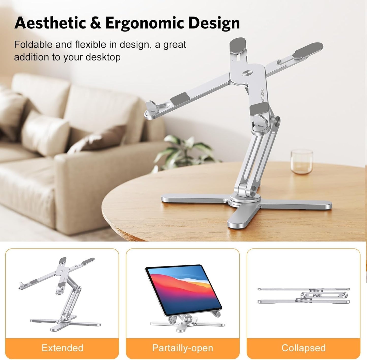 OMOTON LA10 360° Rotating Laptop Stand Riser for Desk, Ergonomic Foldable Computer Stand Adjustable Height Angles for Collaborative Work, Easy Storage Fit Macbooks,All Laptops up to 16 inches, Silver