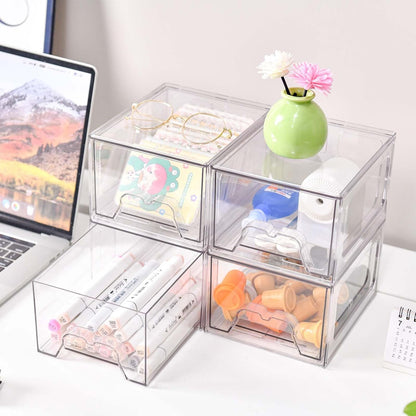 Stebopum 6 Pack Stackable Makeup Organizer, 4.4'' Tall Acrylic Bathroom Makeup Organizer and Storage Drawer with Pull-out Handle, Clear Plastic Storage Bins for Vanity,Pantry,Desk,Undersink,Kitchen