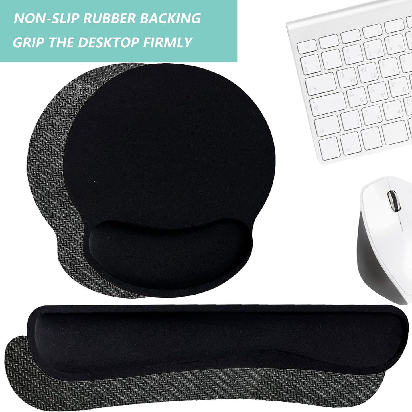 Keyboard Wrist Rest Pad Mouse Pad with Wrist Support Set of 3, Mousepad with Non-Slip Rubber Base, Ergonomic Memory Foam Mouse Wrist Cushion Support for Home Office Laptop Computer, Flower Black