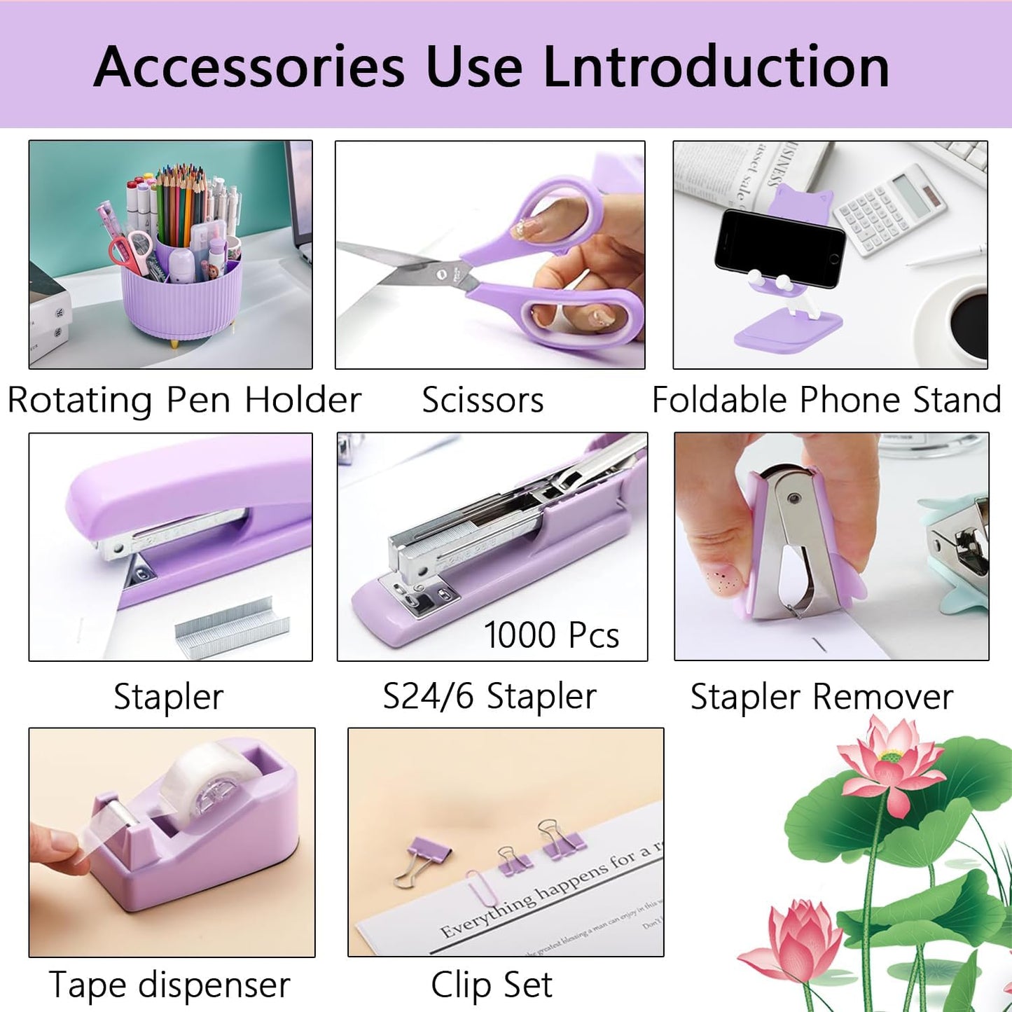 suniya Office Supplies,Gold Desk Accessories,with Stapler,Tape Dispenser,Pen Holder,Scissors,Phone Stand,Staple Remover,Ballpoint Pen,Clear Tape, Staples,Ruler,Clips,Best Gift for Business or Boss