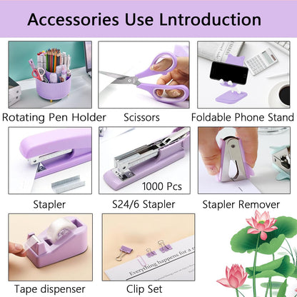 suniya Office Supplies,Gold Desk Accessories,with Stapler,Tape Dispenser,Pen Holder,Scissors,Phone Stand,Staple Remover,Ballpoint Pen,Clear Tape, Staples,Ruler,Clips,Best Gift for Business or Boss