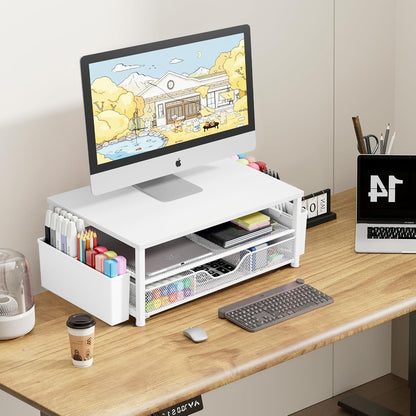 OPNICE Desk Organizers and Accessories, Computer Monitor Stand Riser with Drawer and 2 Pen Holders, Printer & Laptop Stand, Office Desk Accessories & Workspace Organizers for Home Office Supplies, Black