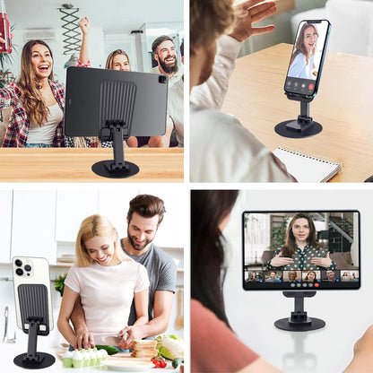 Cell Phone Stand, Adjustable Phone Holder 360° Rotation Fully Foldable Desktop Dock Compatible with iPhone 16 15 14 13 Pro Max Android Smartphone E-Reader Tablets (Black)
