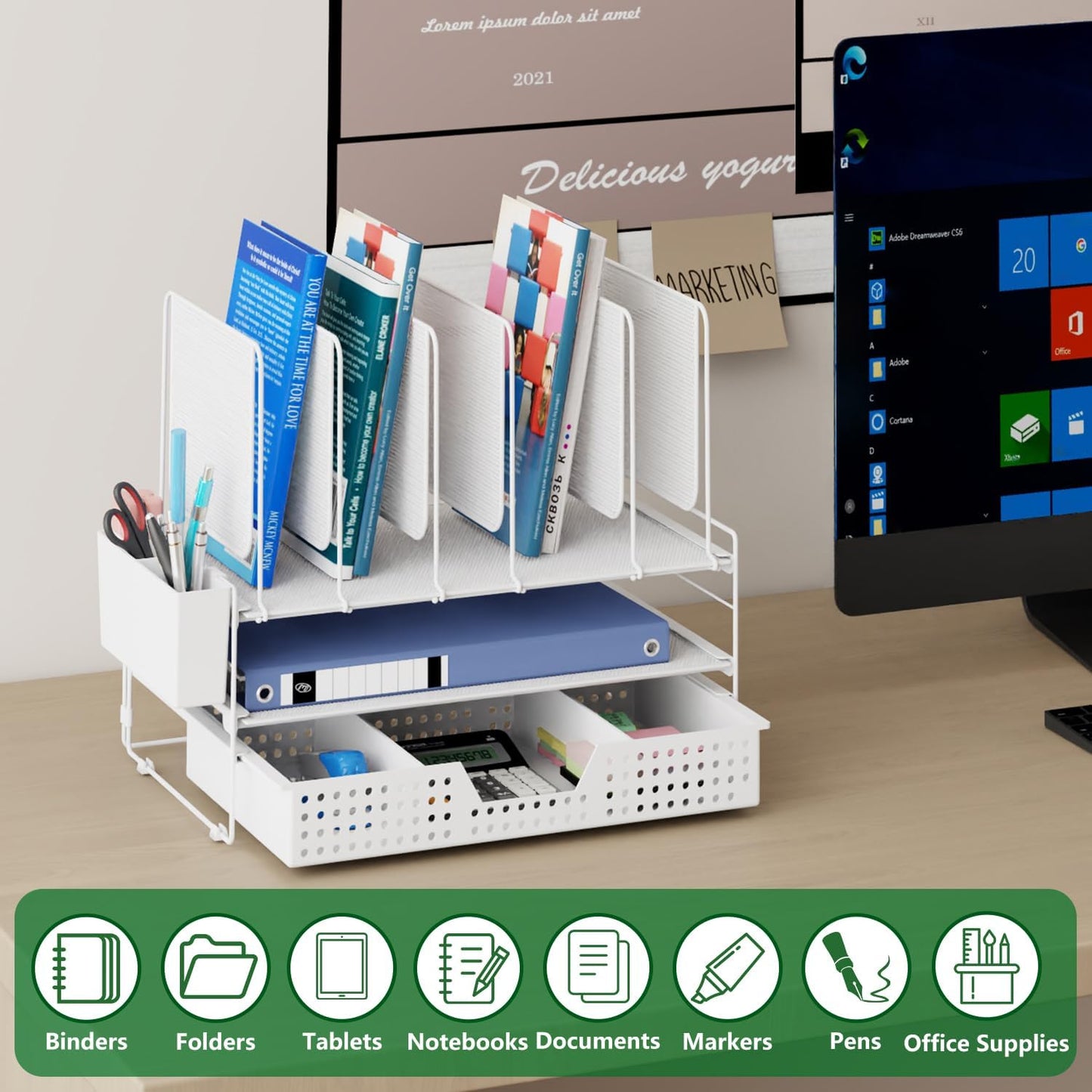 LEKETREE Desk Organizer, Office Organization with Vertical File Holder, File Organizer with Drawer and Pen Holder, Desk Accessories and Workspace Organizers for Home Office (Black)