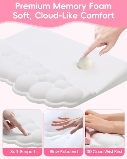 Cloud Wrist Rest Set for Keyboard and Mouse, Ergonomic Memory Foam Wrist Support & Adjustable Keyboard Stand with Two Typing Angles, Silky Lycra Surface, Non-Slip Base (White)