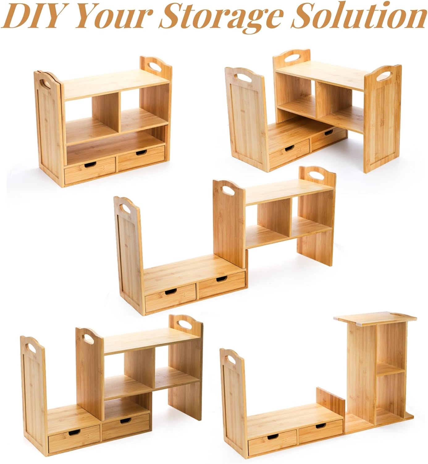Eorbow Bamboo Desktop Bookshelf, Expandable Counter Bookcase, Storage Shelves Rack Organizer with Anti-Slip Pads, Cute Small Desk Display Cubby Top for Office Supplies, No Assembly Needed