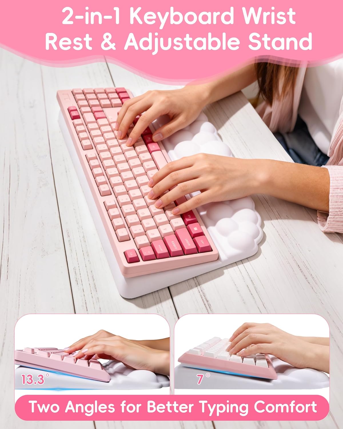 Cloud Wrist Rest Set for Keyboard and Mouse, Ergonomic Memory Foam Wrist Support & Adjustable Keyboard Stand with Two Typing Angles, Silky Lycra Surface, Non-Slip Base (White)
