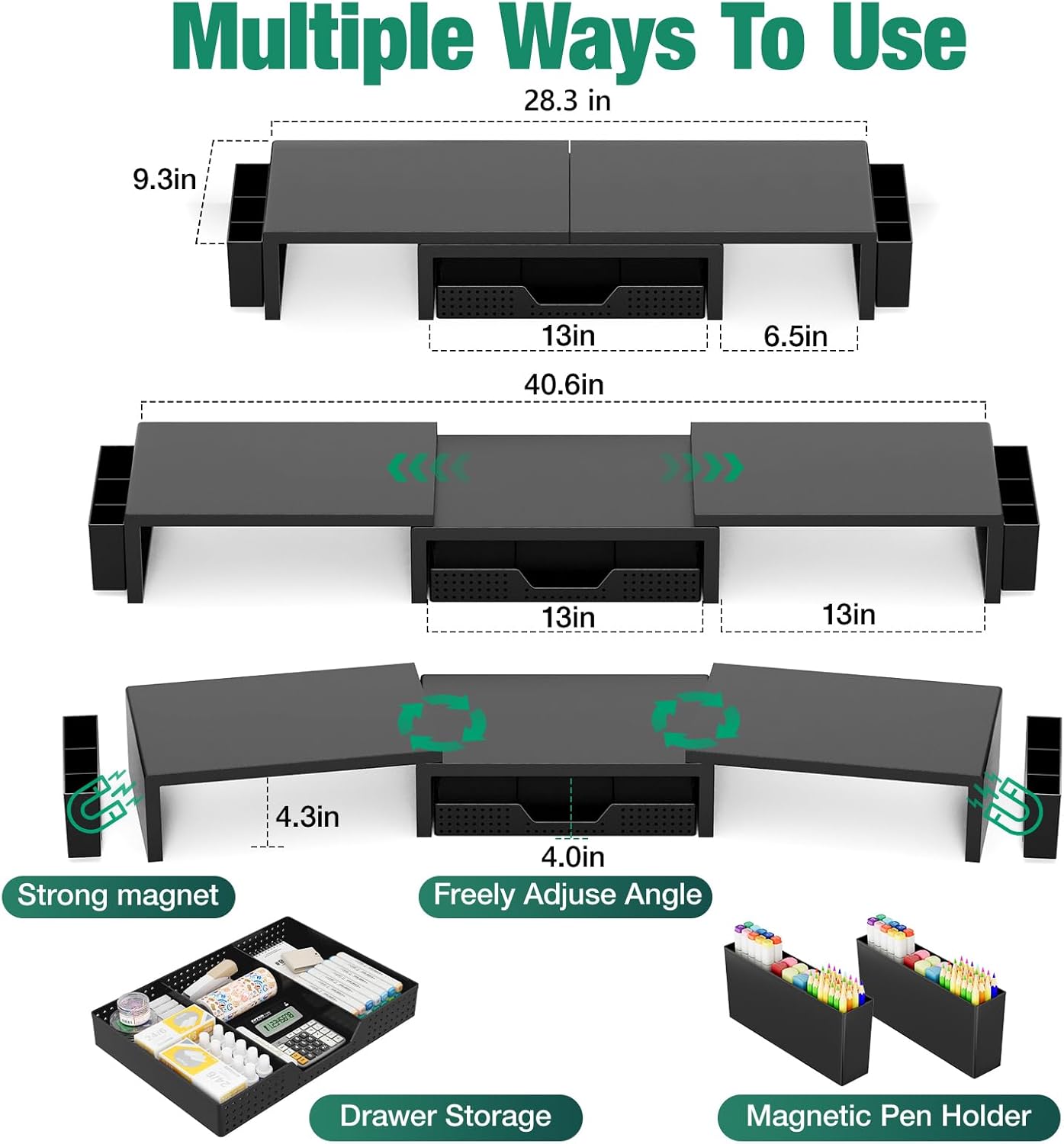 OPNICE Dual Monitor Stand Riser with Drawer and 2 Pen Holders, Desk Organizer for Office Supplies, Computer Monitor Stand for Desk, Workspace Desk Accessories for Home Office, Black