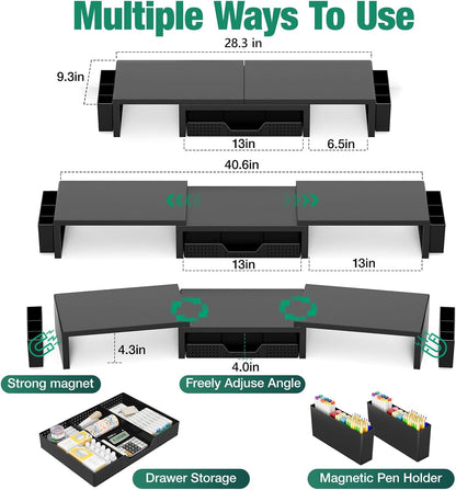 OPNICE Dual Monitor Stand Riser with Drawer and 2 Pen Holders, Desk Organizer for Office Supplies, Computer Monitor Stand for Desk, Workspace Desk Accessories for Home Office, Black