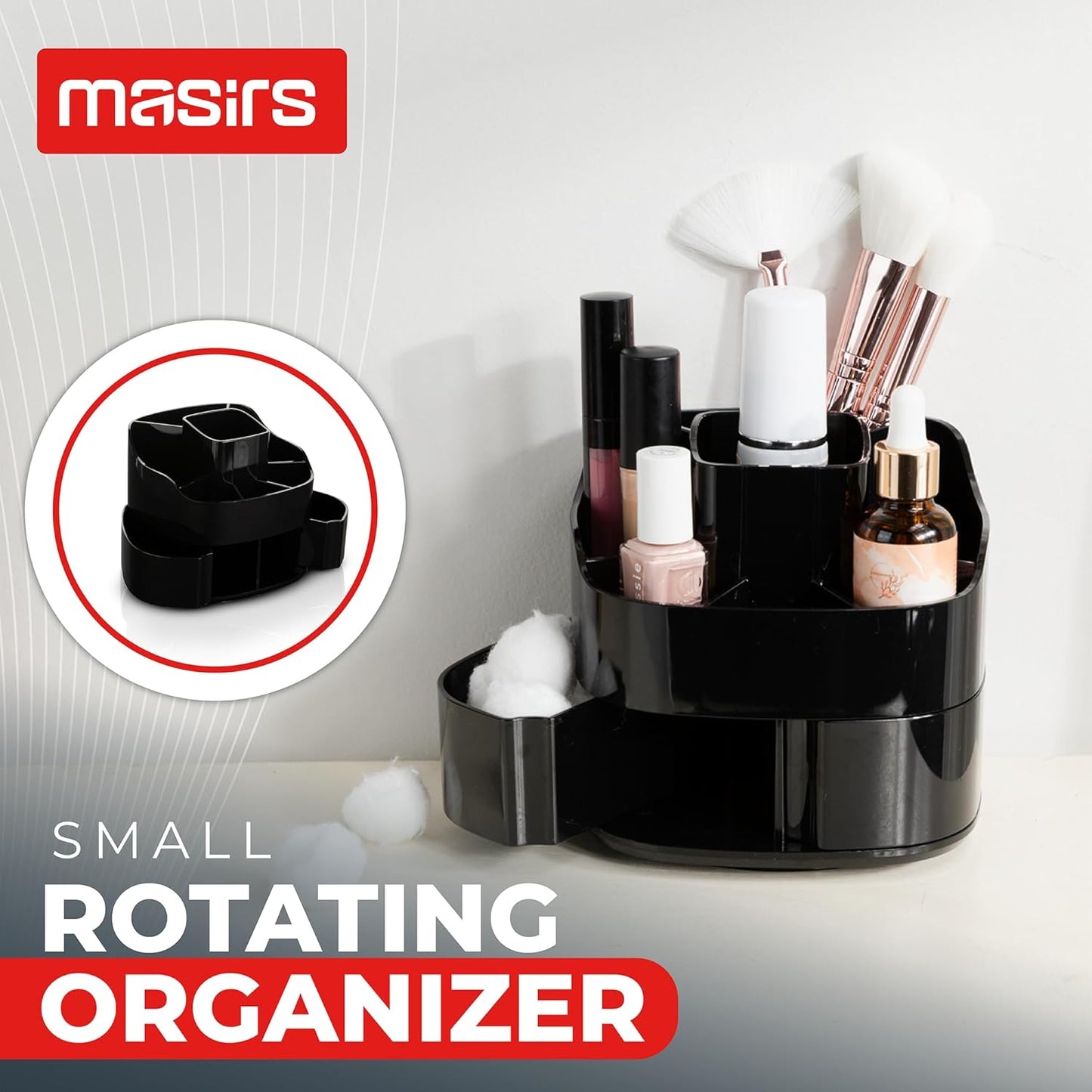 Masirs Small 360 Rotating Makeup Organizer - Mini Yet Spacious Cosmetic Storage Solution with Multiple Compartments - The Perfect Spinning Make-Up Caddy for Vanity or Bathroom Counter (Round - Clear)