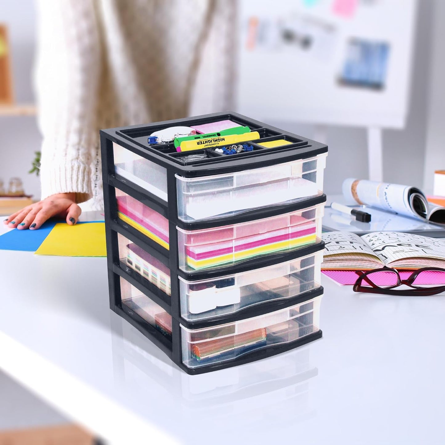 Gracious Living 4-Drawer Desktop and Countertop Storage Organizer Drawer Set, Plastic Office Desk Organizer, Black/Clear