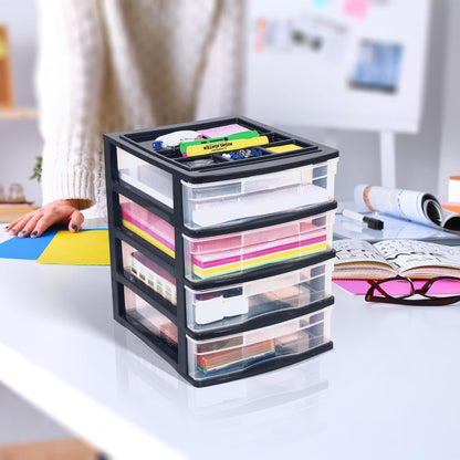 Gracious Living 4-Drawer Desktop and Countertop Storage Organizer Drawer Set, Plastic Office Desk Organizer, Black/Clear