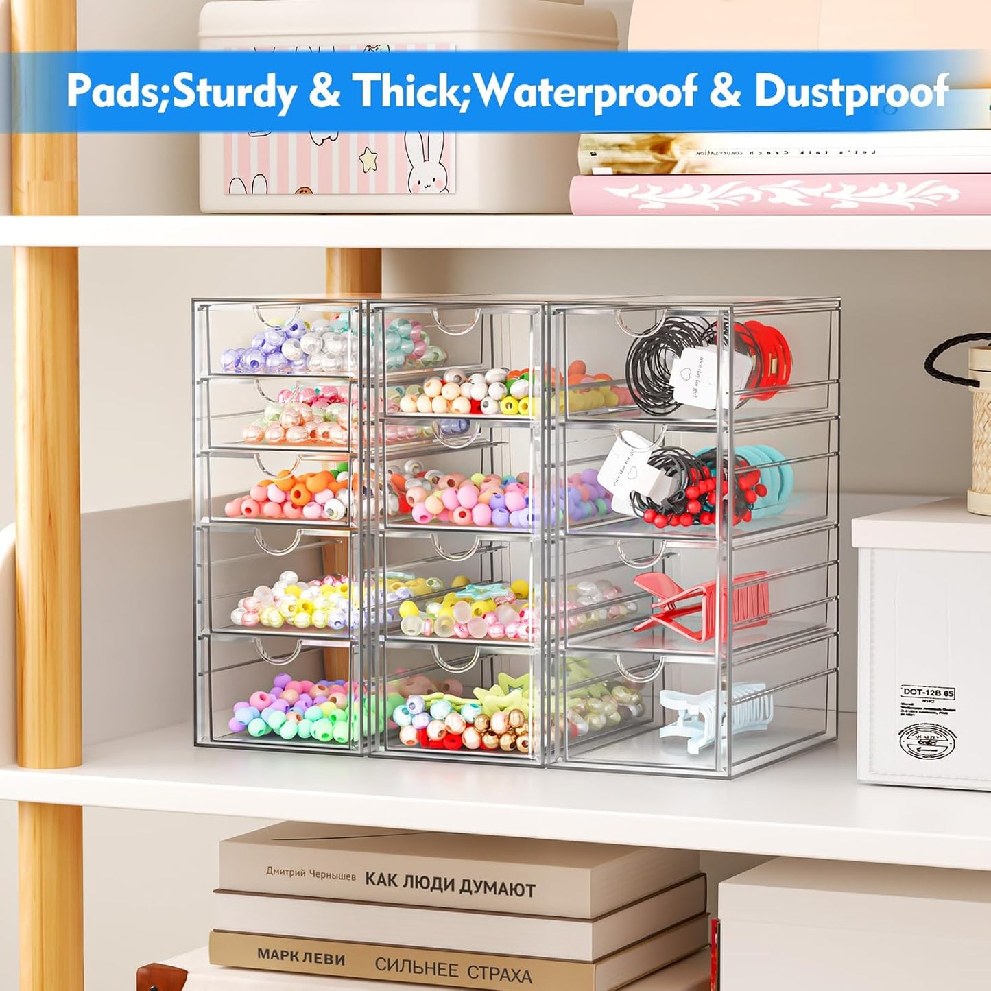 ARSTPEOE Makeup Acrylic Organizer with 17 Drawers(4 Sets), Desk Organizers and Accessories, Clear Makeup Organizer, Dustproof Storage Drawers for Office Art Craft Supplies