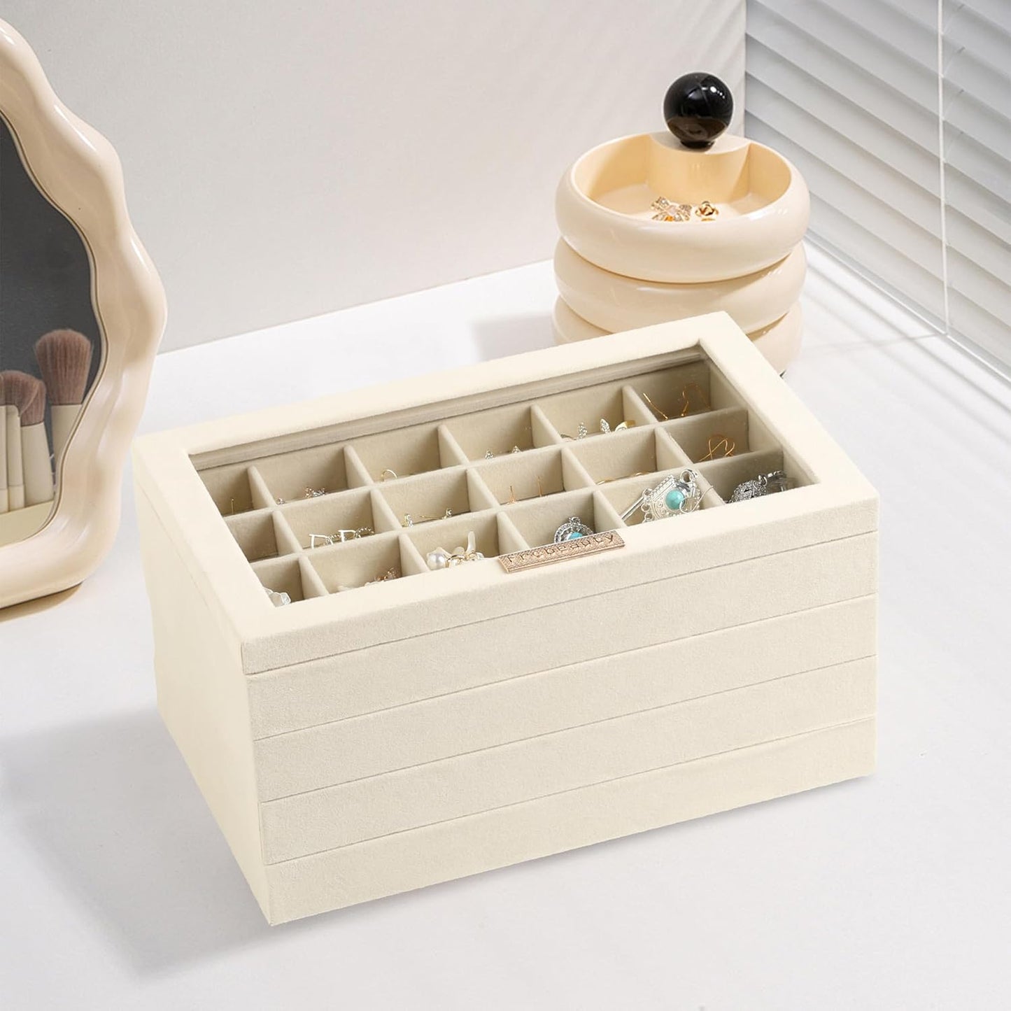 Frebeauty Stackable Jewelry Trays, Velvet Drawer Jewelry Organizer with Glass Lid,5 in 1 Multi-Functional Jewelry Storage for Earrings Necklaces Rings, 10.5 x 6.5 x 5.55 Inches Gift for Women(Beige)