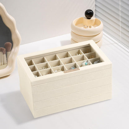 Frebeauty Stackable Jewelry Trays, Velvet Drawer Jewelry Organizer with Glass Lid,5 in 1 Multi-Functional Jewelry Storage for Earrings Necklaces Rings, 10.5 x 6.5 x 5.55 Inches Gift for Women(Beige)