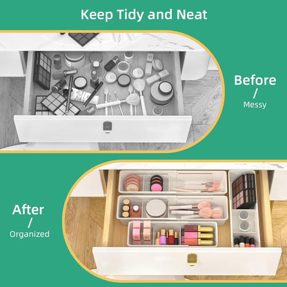 Desk Drawer Organizer Tray, 4 Pack Expandable Drawer Organizer with Dividers Adjustable, Bathroom Organizer Bins for Junk, Office, Makeup, Kitchen Utensil