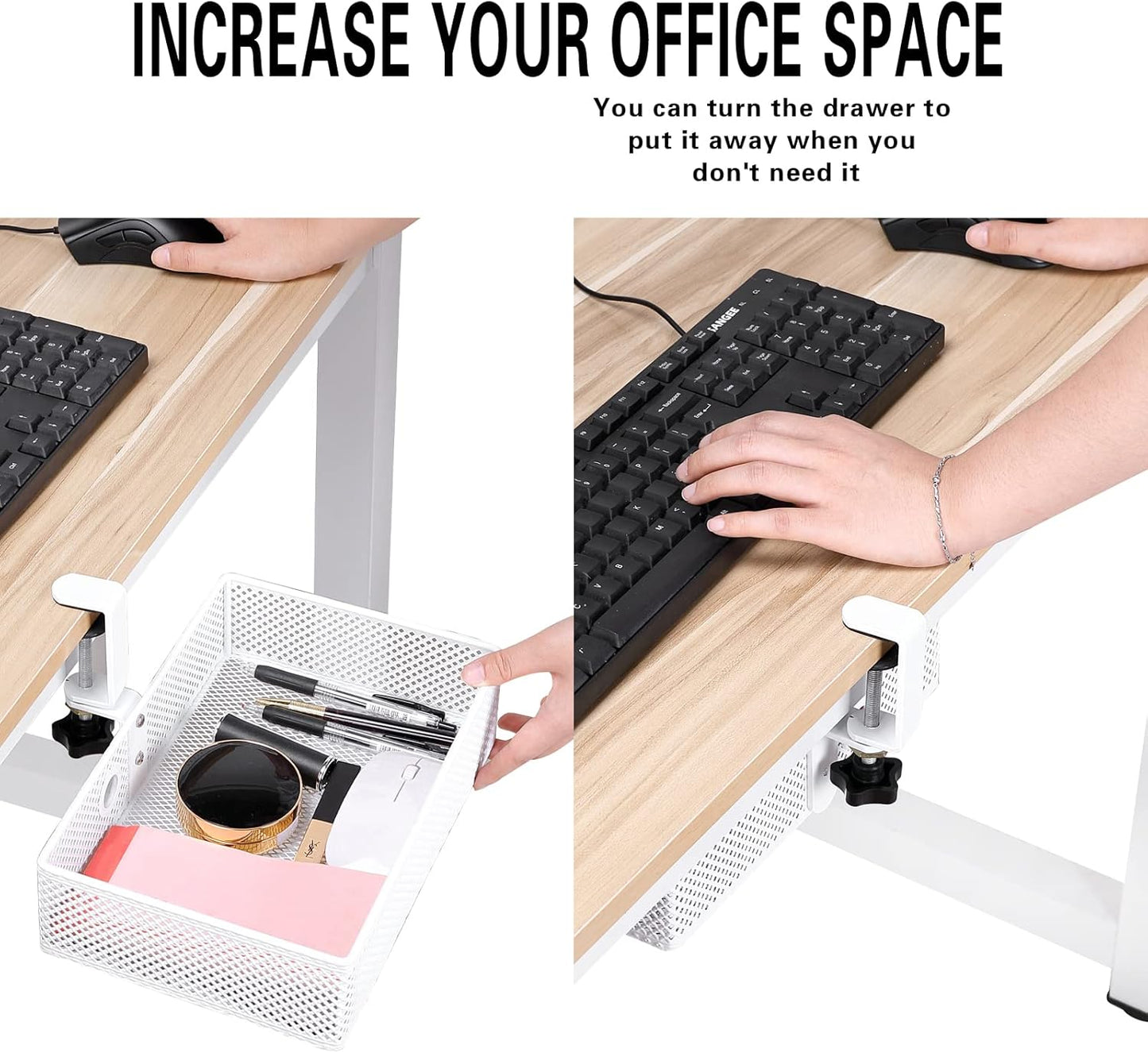 2-Tier Clamp-On Mesh Organizer, Under Desk Storage with Slide-Out Tray, No Drilling Tool-Free Installation, Durable Rust-Resistant Metal, Large-Capacity Organizer.