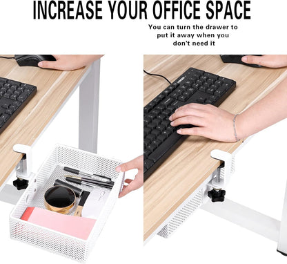 2-Tier Clamp-On Mesh Organizer, Under Desk Storage with Slide-Out Tray, No Drilling Tool-Free Installation, Durable Rust-Resistant Metal, Large-Capacity Organizer.