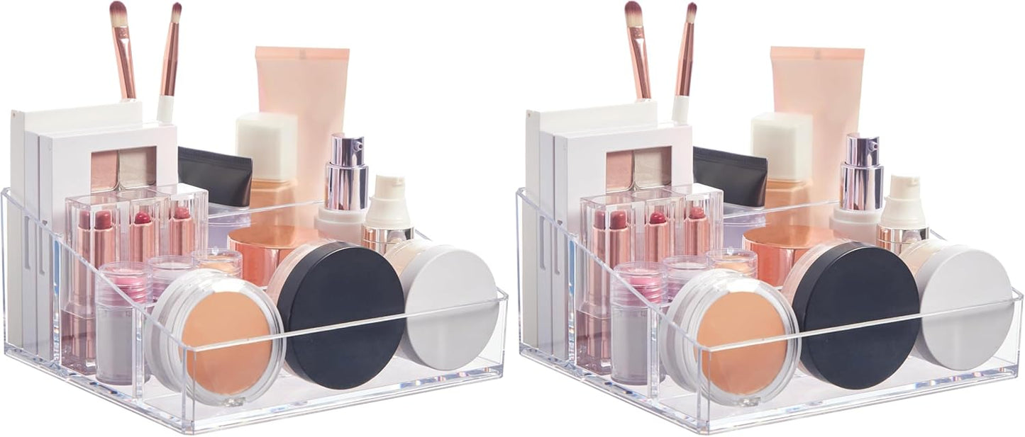 STORi Clear Plastic Small Countertop Vanity Makeup Organizer, Compact Rectangular 4-Compartment Holder for Brushes, Eyeshadow Palettes, & Beauty Supplies, Made in USA