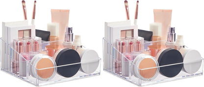 STORi Clear Plastic Small Countertop Vanity Makeup Organizer, Compact Rectangular 4-Compartment Holder for Brushes, Eyeshadow Palettes, & Beauty Supplies, Made in USA