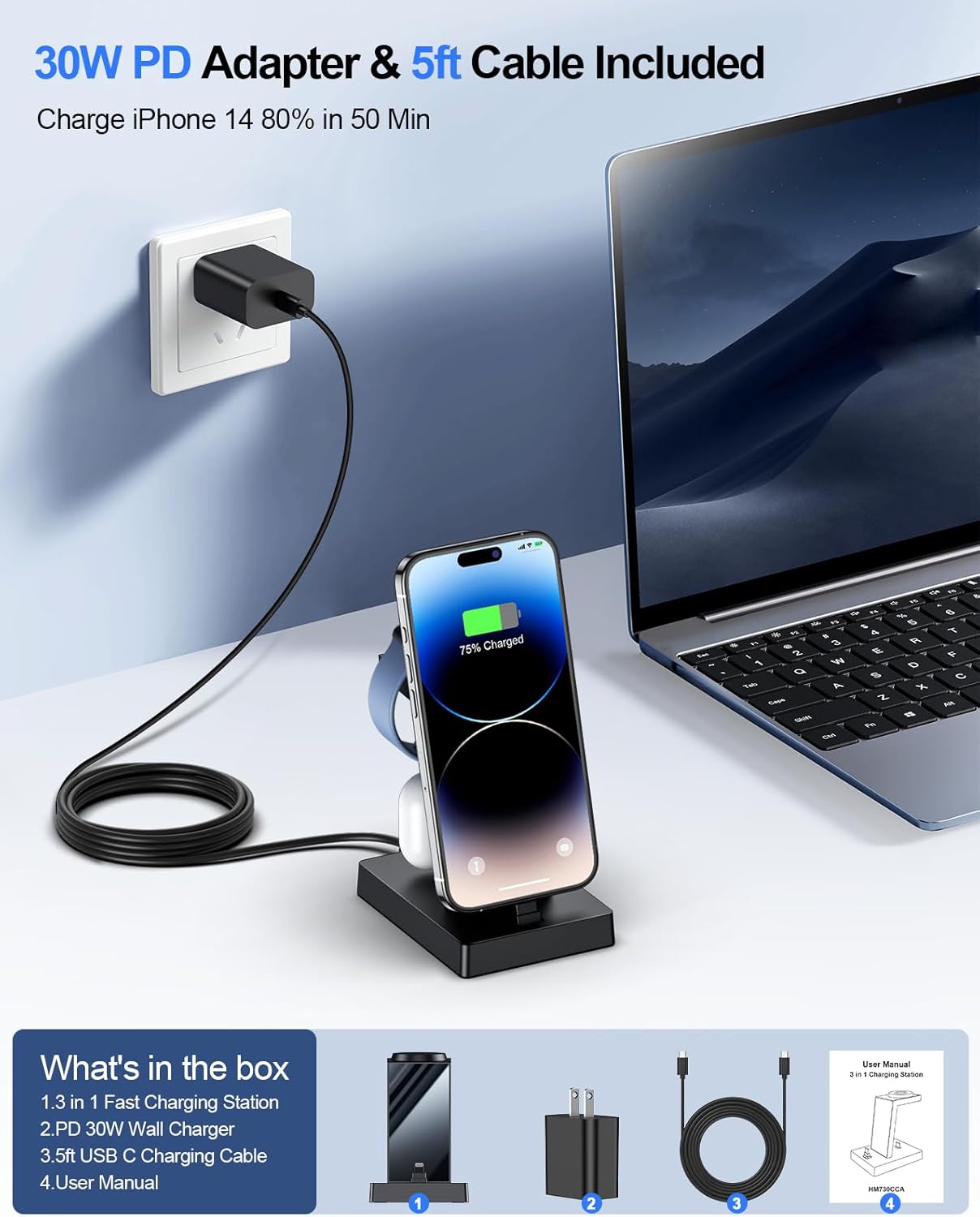 30W Charging Station for Multiple Devices - ADADPU 3 in 1 Charger Stand for iPhone 14/13/12/11/XR/XS/X/8/7(Not for iPhone 15/16/17 USB C), Charging Dock for AirPods Apple Watch Series 8/7/6/5/4/3/2/SE