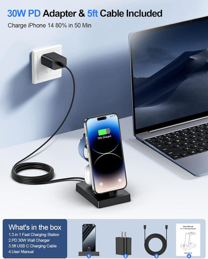 30W Charging Station for Multiple Devices - ADADPU 3 in 1 Charger Stand for iPhone 14/13/12/11/XR/XS/X/8/7(Not for iPhone 15/16/17 USB C), Charging Dock for AirPods Apple Watch Series 8/7/6/5/4/3/2/SE
