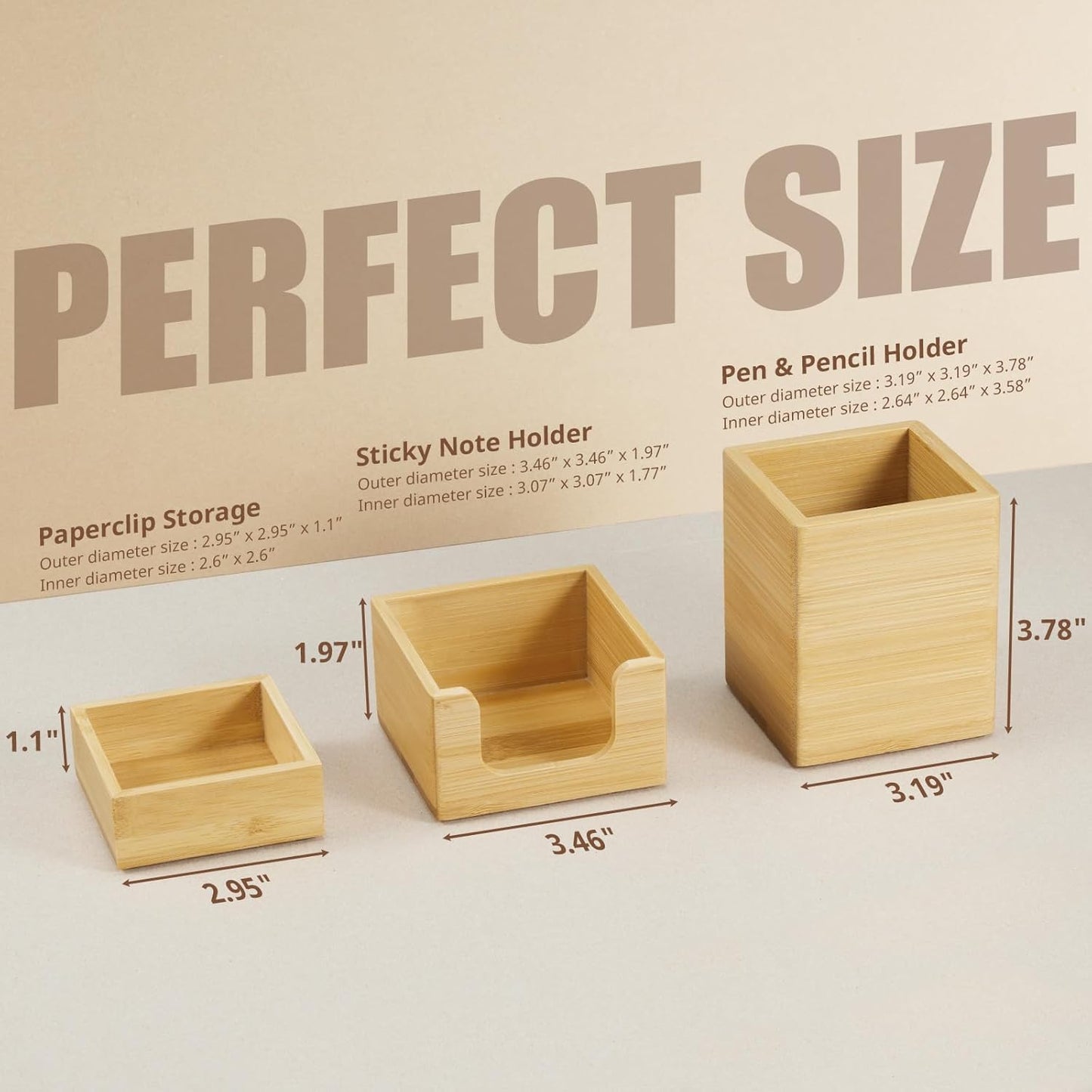 Desk Organizer Set of 3 - Bamboo Office Desk Accessories - Desk Organizers and Accessories for Women Men - Set incl. Pencil Pen Holder, Paperclip Storage and Sticky Note Holder