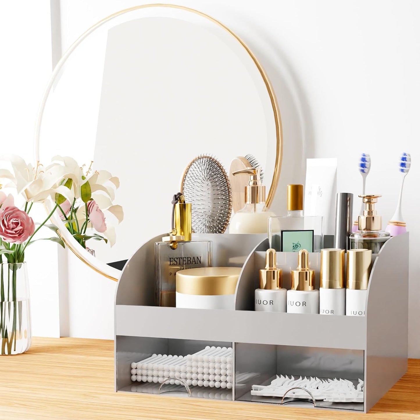 Makeup Organizer with Drawers, Cosmetic Storage for Dresser Vanity and Bathroom Countertop, Beauty Holder for Lipstick Brush, Skincare Organizer for Vanity, Cosmetic Display Case (White)