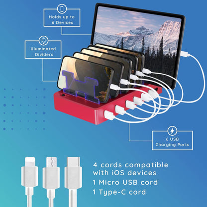 Charging Station for Multiple Devices – 6-Port USB Charging Dock for Apple & Android – Fast Multi-Charger Organizer for Phones, Tablets & More – Universal Desktop Charging Hub with Smart IC Tech