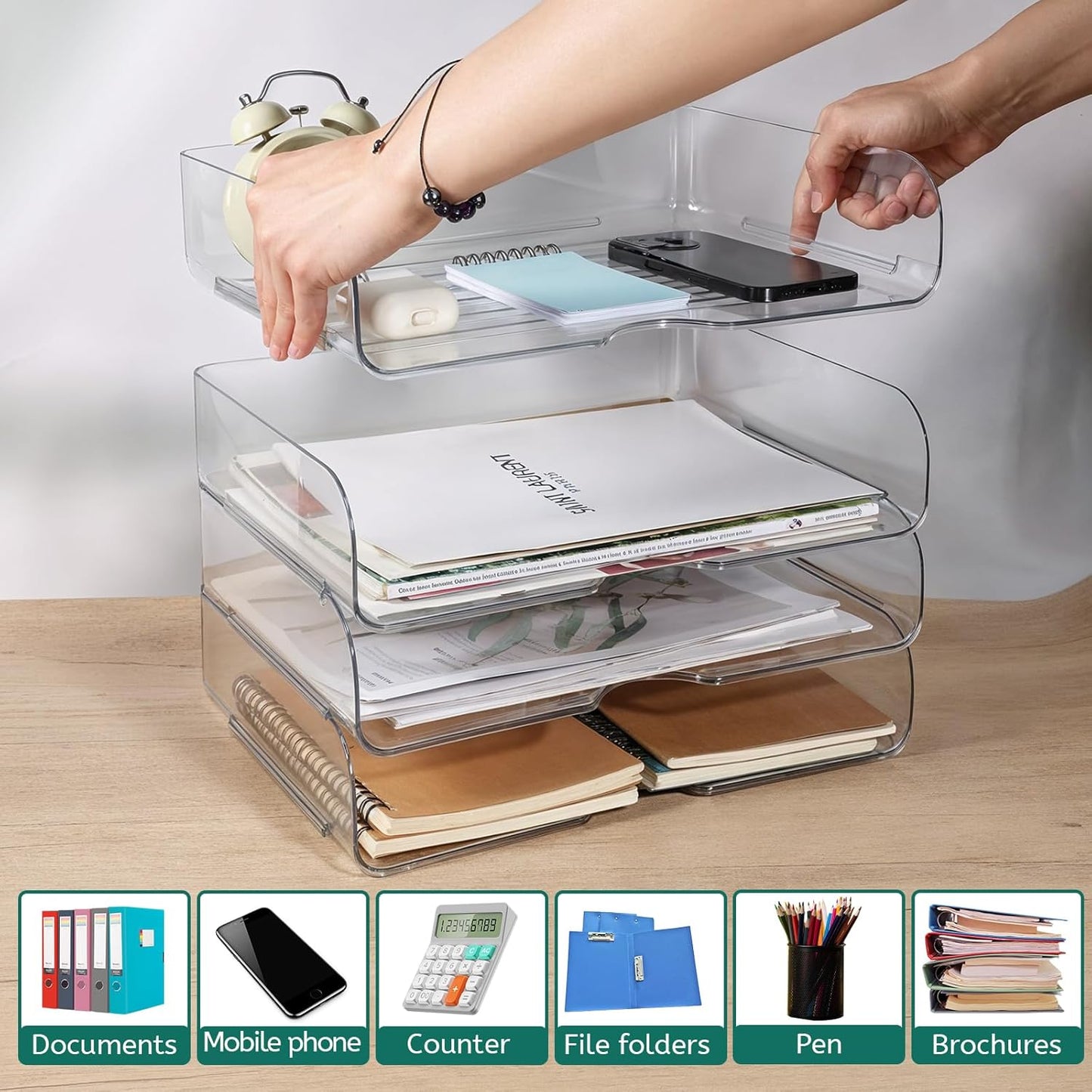 4 Pack Paper Organizer Letter Tray Clear Desk Organizer, Clear PET Desk Rrganizer for Magazines, Binders, Notebooks, Envelopes, Multi-Purpose Plastic Paper Tray Organizer