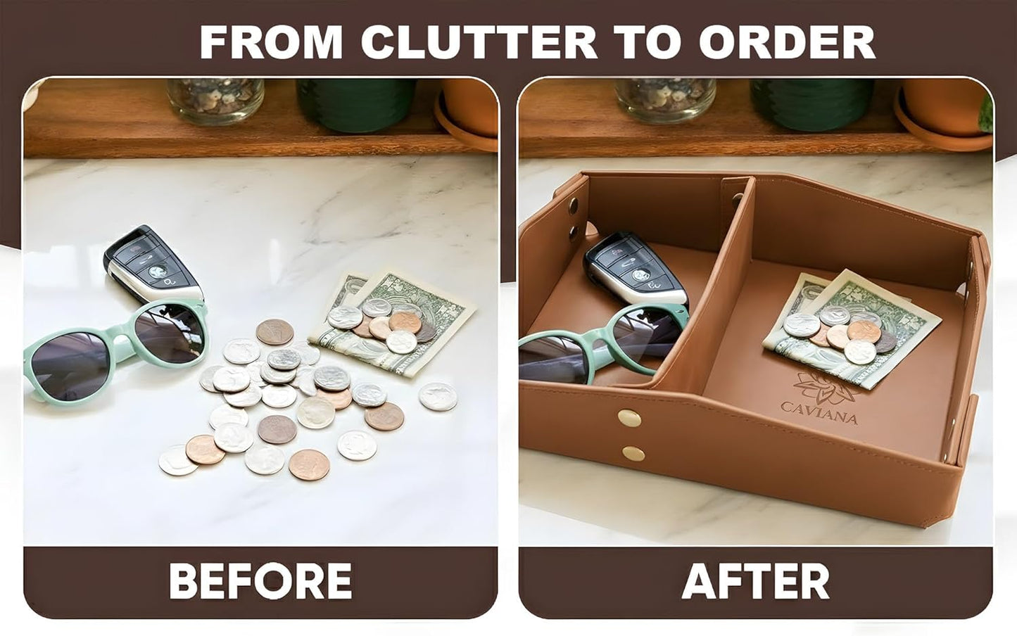 Valet Tray Organizer for Men & Women - PU Leather Catch All Tray with Removable Divider - EDC Storage for Keys, Watch, Phone - Nightstand, Dresser & Desk Organizer - Pacific Navy