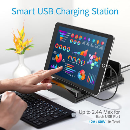 Charging Station for Multiple Devices, Bototek 60W 6 Ports Multi Charger Station for iPhone, iPad, Cell Phone, Tablets, and Other Electronics (6 Ports-Black)