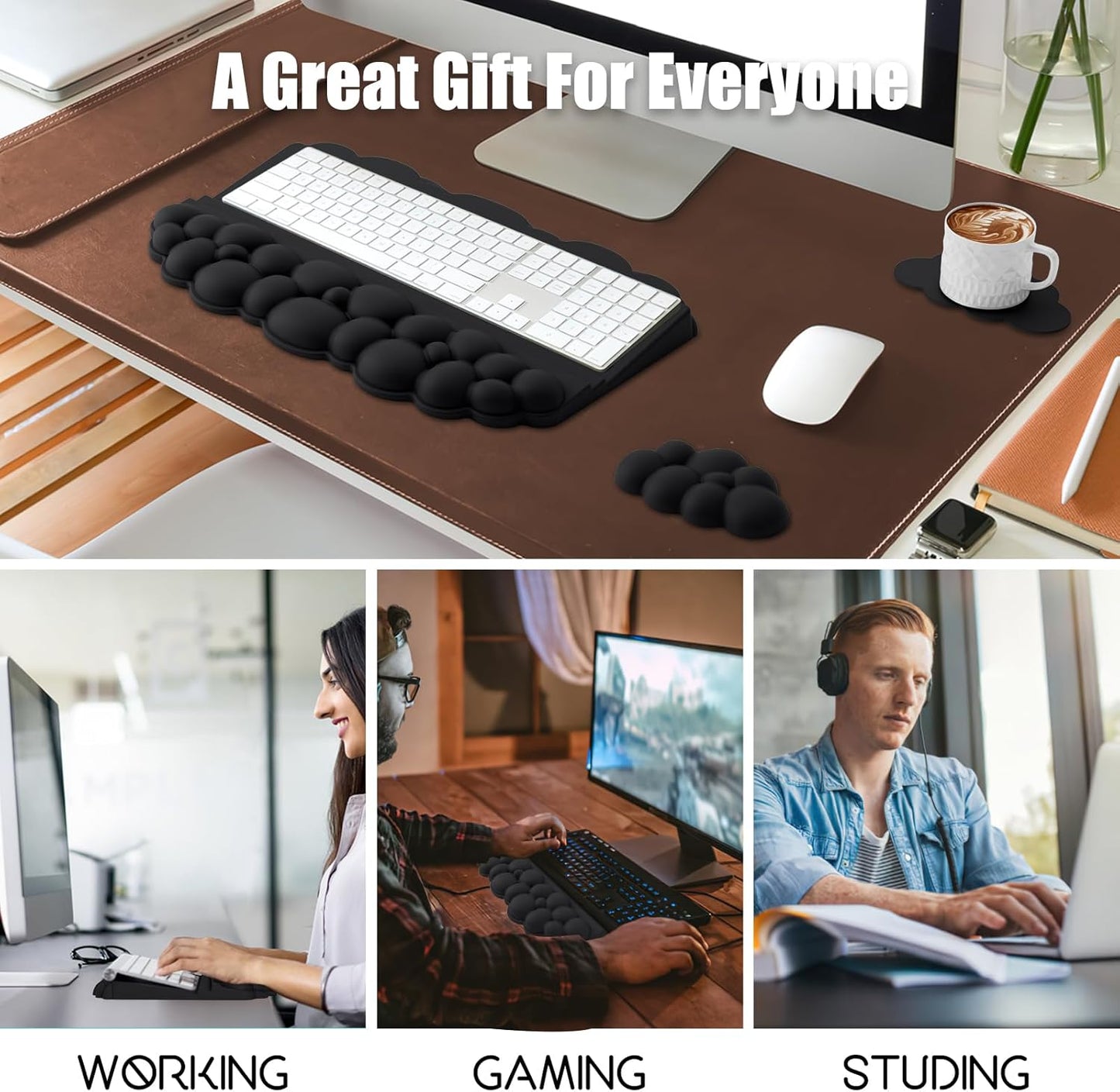 Ergonomic Wrist Rest for Keyboard and Mouse, Soft Memory Foam Cloud Keyboard Stand Pad with Wrist Rest Set, Easy Typing, Pain Relief, Comfort for Office, Work, Gaming - White