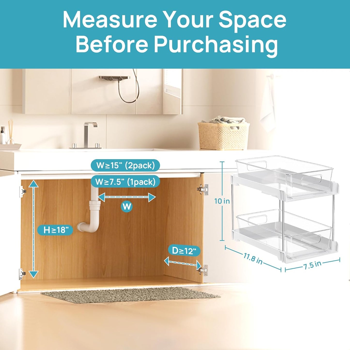 Vtopmart 4 Pack Bathroom Organizer, 2 Tier Clear Under Sink Organizers Vanity Countertop Storage Container,Cabinet Drawers Bins, Pull-Out Organization with Track for Pantry, Kitchen