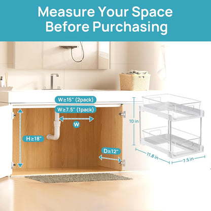 Vtopmart 4 Pack Bathroom Organizer, 2 Tier Clear Under Sink Organizers Vanity Countertop Storage Container,Cabinet Drawers Bins, Pull-Out Organization with Track for Pantry, Kitchen